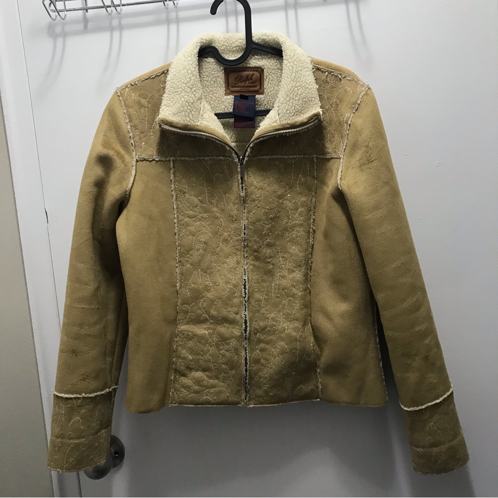 Ralph Lauren faux suede floral emroidered tan full zip jacket Small